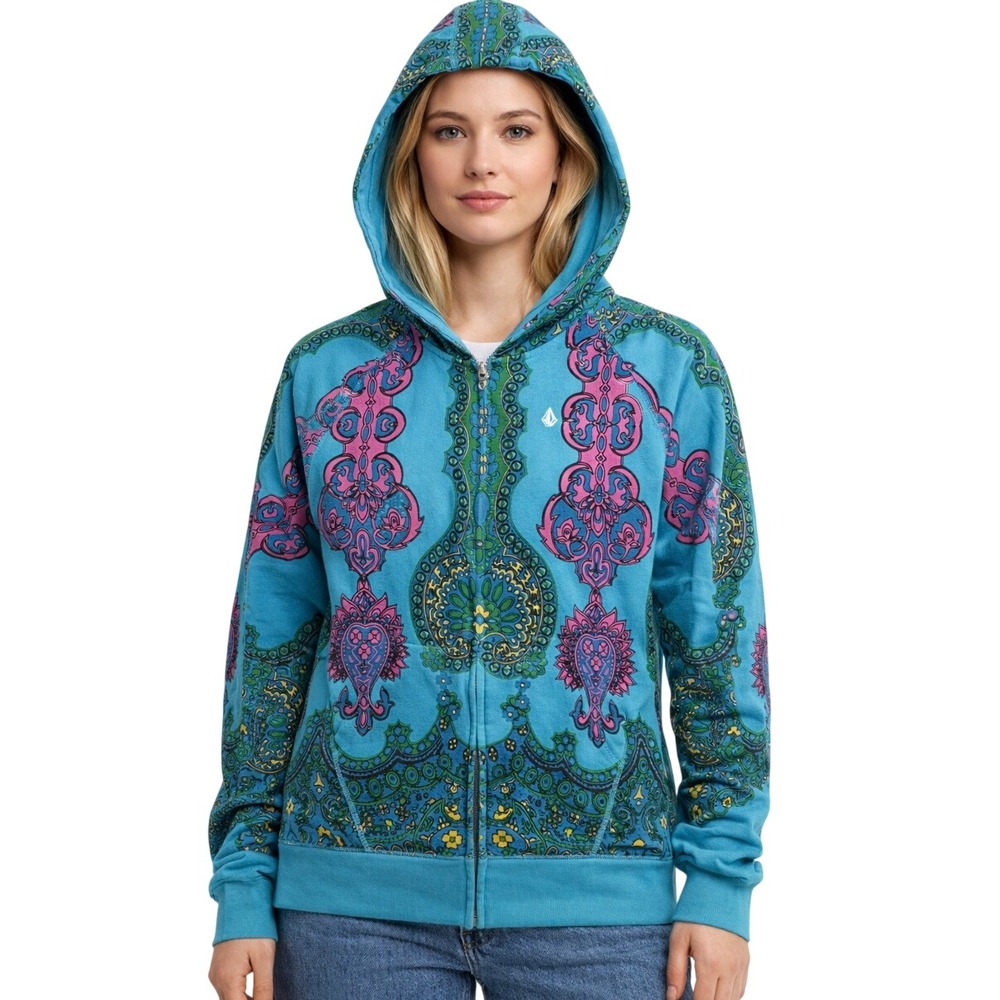 Vintage Y2K Volcom Women's‎ Full Zip Hoodie Paisley Print Turquoise Pink Blue